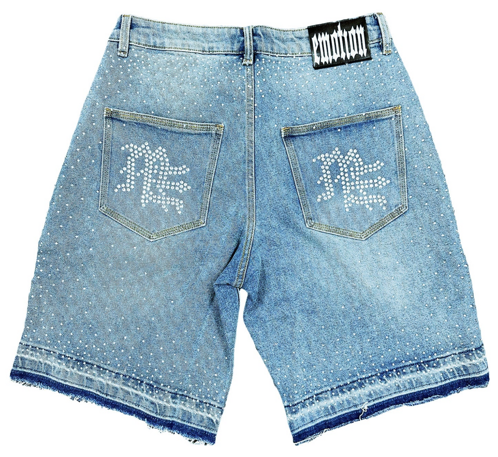 Short Mixed Emotions Blue “ME” Rhinestone Denim